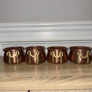 Vintage M Sitki Copper Small Pot Double Brass Rings Made In‎ Turkey 4.5"x3x4.75"